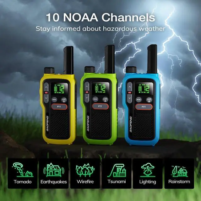 Alt view image 12 of 14 - GT-18 Walkie Talkies for Kids Adult, License Free Long Range Rechargeable FRS Two Way Radio,1500mAh USB-C Battery, 22 Channels with NOAA for Camping Hiking Family, 3 Pack (Yellow, Green, Blue)