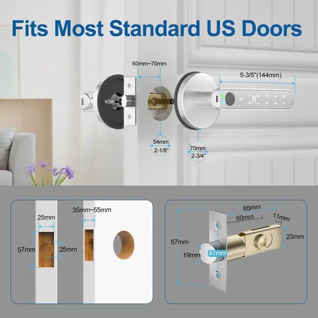 Alt view image 12 of 12 - Fingerprint Door Lock, 5 in 1 Smart Door Knob with Smart APP/Fingerprint/IC Cards/Password/Backup Keys, Finger Print Door Knob with Keypad for Bedroom, Office, Apartment, Silver, 1 Pack
