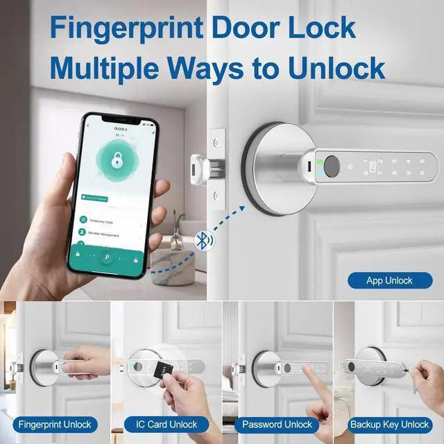 Alt view image 8 of 12 - Fingerprint Door Lock, 5 in 1 Smart Door Knob with Smart APP/Fingerprint/IC Cards/Password/Backup Keys, Finger Print Door Knob with Keypad for Bedroom, Office, Apartment, Silver, 1 Pack