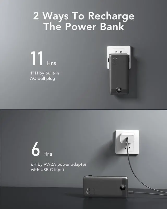 Alt view image 11 of 14 - Portable Charger 20000mAh, Fast Charging Power Bank USB C,4 Output 2 Input Travel Essentials Charging Bank Equipped with LED Display,Built-in Wall Plug and Cables,Phone Charger Battery,Black