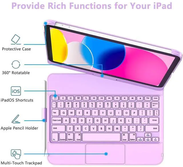 Alt view image 10 of 14 - Touch Keyboard Case for iPad (A16) 11th Generation 11 inch 2025&10th Gen 10.9 inch 2022, 360° Rotate for iPad 10th Generation Case with Keyboard with Pencil Holder Purple