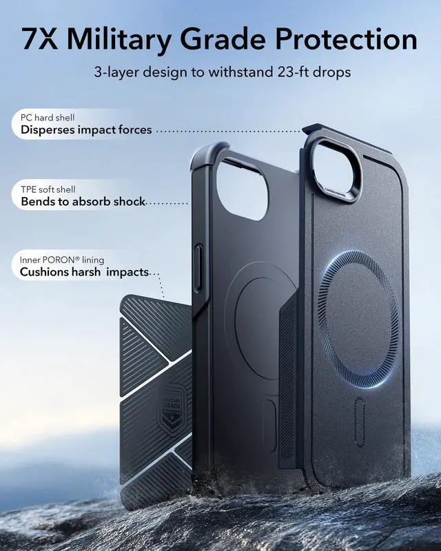 Alt view image 10 of 13 - for iPhone 17e Case, iPhone 16e Case, 7X Military-Grade Drop Protection, MagSafe Accessories Compatible, Shock-Absorbing Rugged Cover, Cyber Series, Black