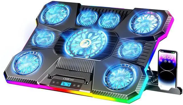 Alt view image 8 of 14 - Laptop Cooling Pad, RGB Lights Laptop Cooler 9 Fans for 15.6-19.3 Inch Laptops, Gaming Laptop Fan Cooling Pad with 8 Height Stands, 2 USB Ports - A21 Blue