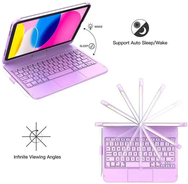 Alt view image 13 of 14 - Touch Keyboard Case for iPad (A16) 11th Generation 11 inch 2025&10th Gen 10.9 inch 2022, 360° Rotate for iPad 10th Generation Case with Keyboard with Pencil Holder Purple
