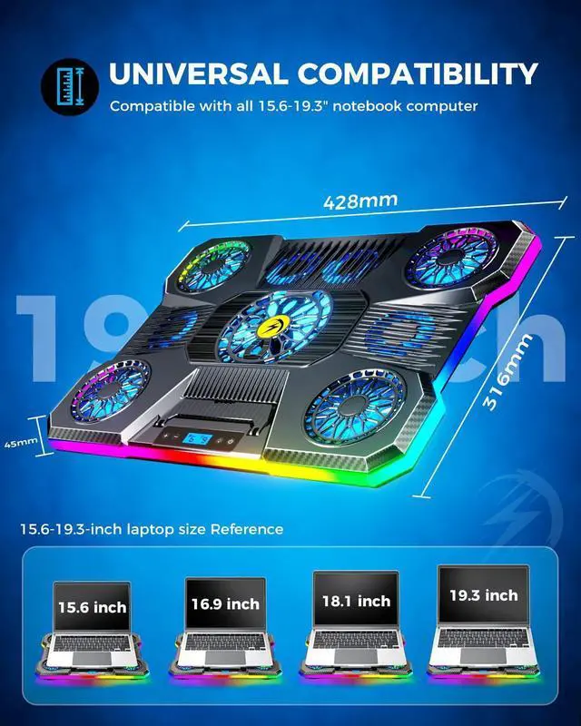 Alt view image 14 of 14 - Laptop Cooling Pad, RGB Lights Laptop Cooler 9 Fans for 15.6-19.3 Inch Laptops, Gaming Laptop Fan Cooling Pad with 8 Height Stands, 2 USB Ports - A21 Blue