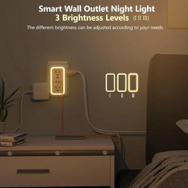 Alt view image 10 of 14 - 3 Pack Outlet Extender with Night Light, 6 Outlet Surge Protector Extender with 4 USB Ports (2 USB C), 3-Sided 1050J Multi Plug Wall Outlet for Home Office Dorm Room