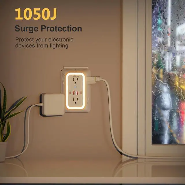 Alt view image 12 of 14 - 3 Pack Outlet Extender with Night Light, 6 Outlet Surge Protector Extender with 4 USB Ports (2 USB C), 3-Sided 1050J Multi Plug Wall Outlet for Home Office Dorm Room