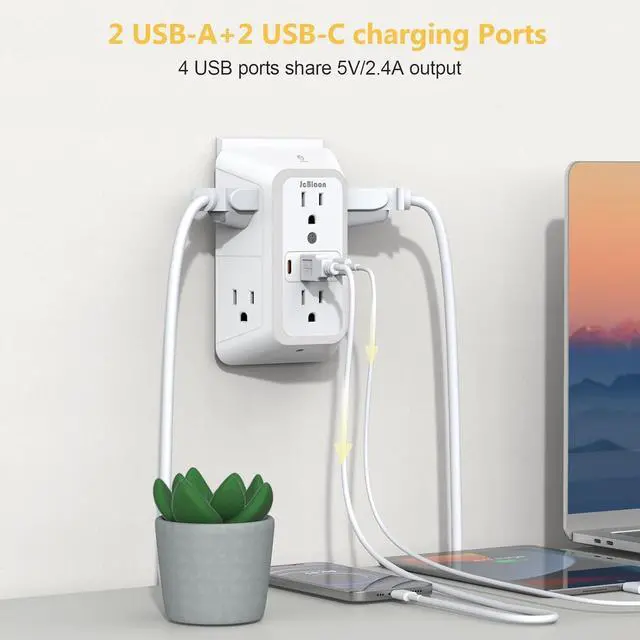 Alt view image 11 of 14 - 3 Pack Outlet Extender with Night Light, 6 Outlet Surge Protector Extender with 4 USB Ports (2 USB C), 3-Sided 1050J Multi Plug Wall Outlet for Home Office Dorm Room