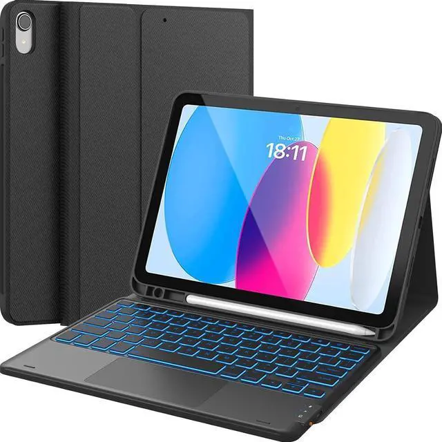 Alt view image 8 of 14 - for iPad 10th Generation Case with Keyboard, 7 Color Backlight, Multi-Touch Trackpad, Flip Stand Case with Pencil Holder, 2 Wireless Channels for iPad (A16) 11th/10th Gen (2025/2022), Black