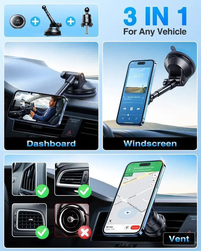 Alt view image 9 of 14 - for MagSafe Car MountUpgraded Strongest Magnetic&SuctionPhone Holder Cell Stand for Dashboard Windshield Vent, Tesla Truck Cradle for iPhone 17 Pro Max 16 15 14 13 12 Android