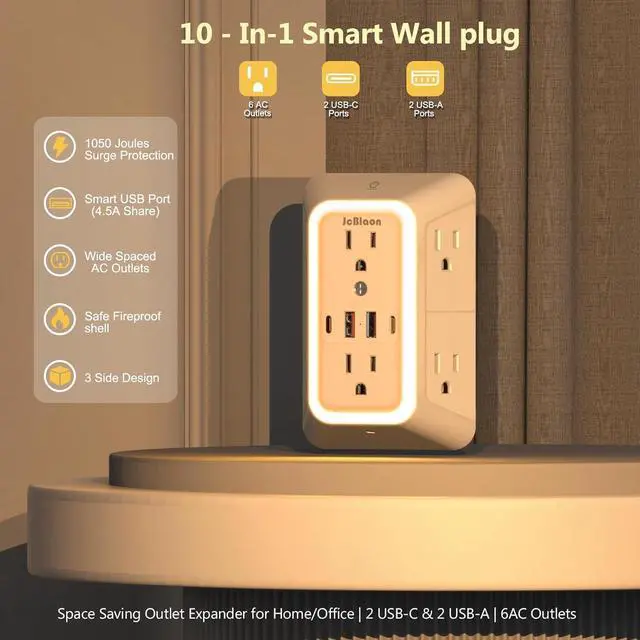 Alt view image 9 of 14 - 3 Pack Outlet Extender with Night Light, 6 Outlet Surge Protector Extender with 4 USB Ports (2 USB C), 3-Sided 1050J Multi Plug Wall Outlet for Home Office Dorm Room