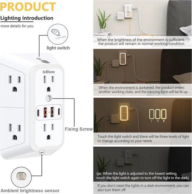 Alt view image 13 of 14 - 3 Pack Outlet Extender with Night Light, 6 Outlet Surge Protector Extender with 4 USB Ports (2 USB C), 3-Sided 1050J Multi Plug Wall Outlet for Home Office Dorm Room