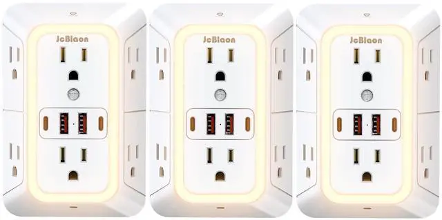 Alt view image 8 of 14 - 3 Pack Outlet Extender with Night Light, 6 Outlet Surge Protector Extender with 4 USB Ports (2 USB C), 3-Sided 1050J Multi Plug Wall Outlet for Home Office Dorm Room