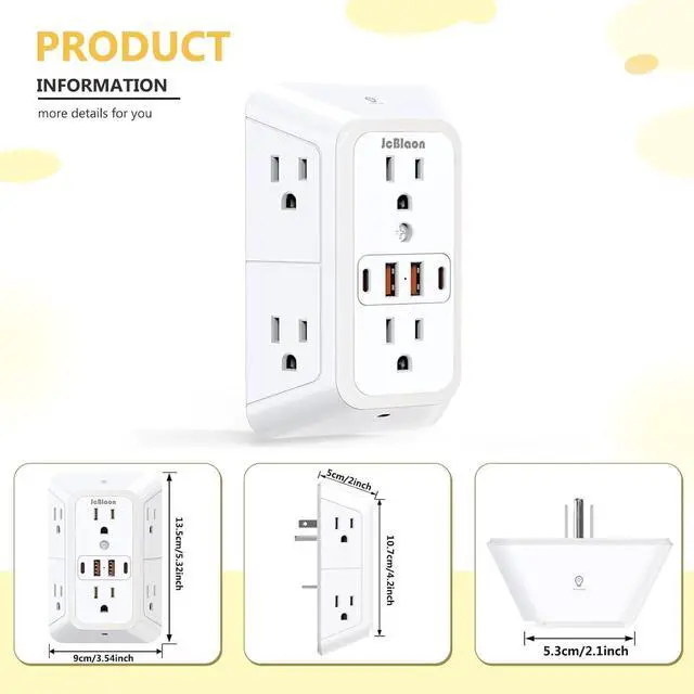 Alt view image 14 of 14 - 3 Pack Outlet Extender with Night Light, 6 Outlet Surge Protector Extender with 4 USB Ports (2 USB C), 3-Sided 1050J Multi Plug Wall Outlet for Home Office Dorm Room