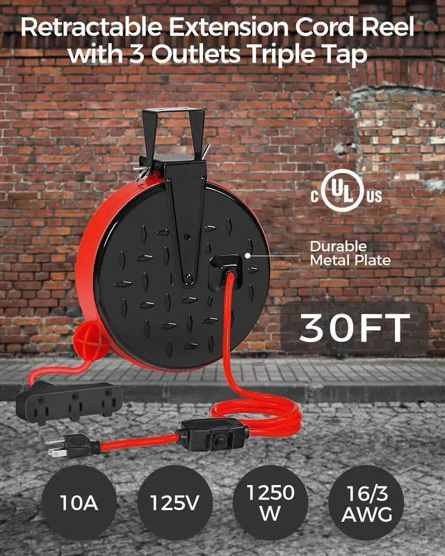 Alt view image 12 of 14 - 30 Ft Retractable Extension Cord Reel, 16/3 Gauge SJTW Power Cord with 3 Electrical Outlets Pigtail for Garage and Shop, 10 Amp Circuit Breaker, Metal Plate, UL Listed, Red R30CR06