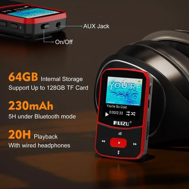 Alt view image 10 of 14 - 64GB Clip MP3 Player with Bluetooth 5.3, Portable Music Player with Voice Recorder for Sports Running, FM Radio, Pedometer, A-B Repeat, Audio Shuffle Playback, Support 128GB Micro SD Card, Red