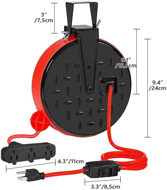Alt view image 14 of 14 - 30 Ft Retractable Extension Cord Reel, 16/3 Gauge SJTW Power Cord with 3 Electrical Outlets Pigtail for Garage and Shop, 10 Amp Circuit Breaker, Metal Plate, UL Listed, Red R30CR06