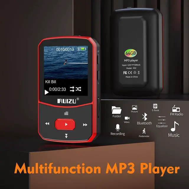 Alt view image 13 of 14 - 64GB Clip MP3 Player with Bluetooth 5.3, Portable Music Player with Voice Recorder for Sports Running, FM Radio, Pedometer, A-B Repeat, Audio Shuffle Playback, Support 128GB Micro SD Card, Red