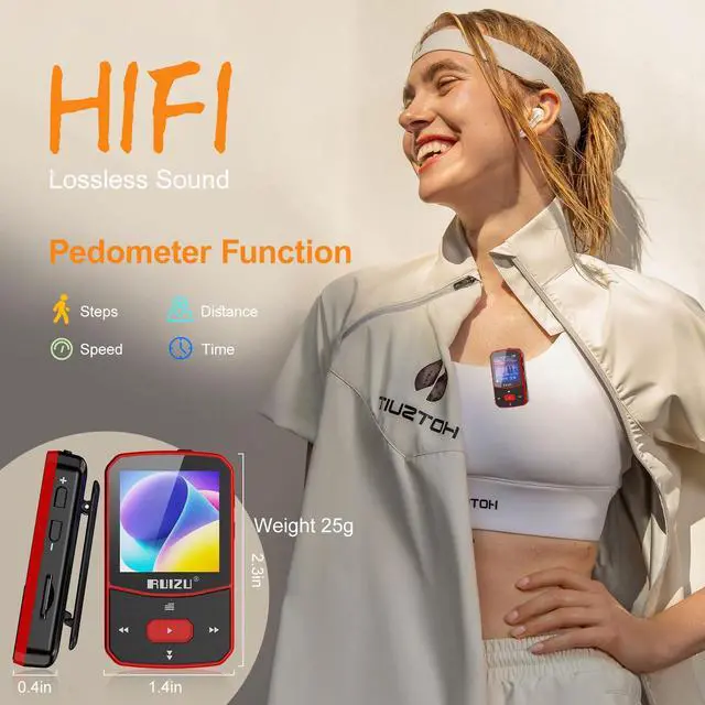 Alt view image 11 of 14 - 64GB Clip MP3 Player with Bluetooth 5.3, Portable Music Player with Voice Recorder for Sports Running, FM Radio, Pedometer, A-B Repeat, Audio Shuffle Playback, Support 128GB Micro SD Card, Red