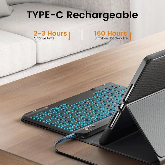 Alt view image 12 of 14 - for iPad 11th (A16) &10th Generation Case with Keyboard - 7 Color Backlit Wireless Detachable Folio Keyboard Cover with Pencil Holder for iPad 11 inch A16 2025 10th Gen 10.9'' 2022 - Black