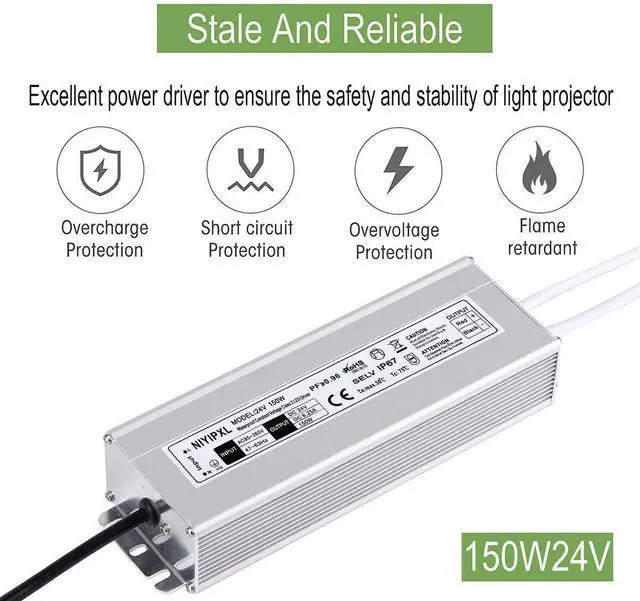 Alt view image 8 of 12 - LED Driver 150 Watts 24V DC Low Voltage Transformer Waterproof IP67 LED Power Supply, Adapter with 3-Prong Plug 3.3 Feet Cable for Any 24V DC led Lights, Computer Project, Outdoor Light