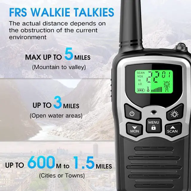 Alt view image 9 of 12 - Walkie Talkies with 22 FRS Channels, Walkie Talkies for Adults with LED Flashlight VOX Scan LCD Display, Long Range Family, Radios for Hiking Camping Trip (Silver, 4 Pack)