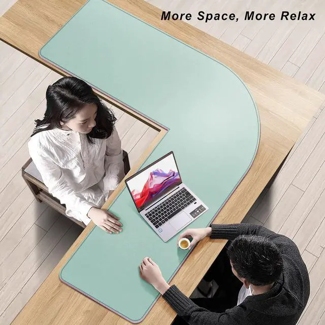 Alt view image 11 of 12 - L-Shaped Leather Desk Pad, Two Tone Gaming Mouse Pad for Corner Desk Mat, Office and Home, 43 x 43 x 15.7 Inch, Pink and Green