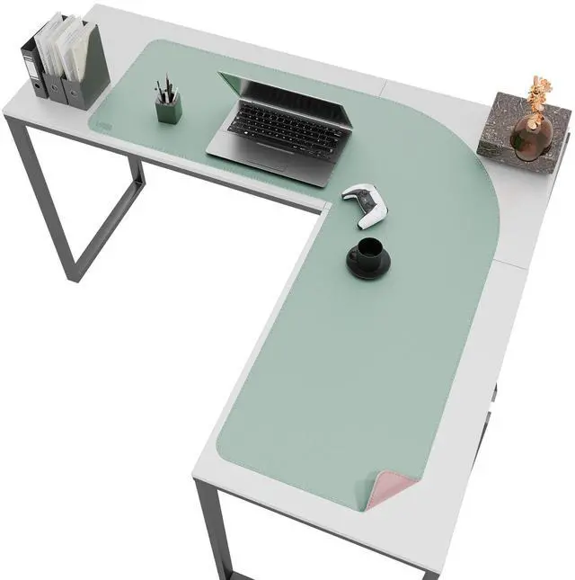 Alt view image 7 of 12 - L-Shaped Leather Desk Pad, Two Tone Gaming Mouse Pad for Corner Desk Mat, Office and Home, 43 x 43 x 15.7 Inch, Pink and Green
