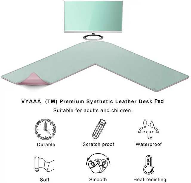 Alt view image 12 of 12 - L-Shaped Leather Desk Pad, Two Tone Gaming Mouse Pad for Corner Desk Mat, Office and Home, 43 x 43 x 15.7 Inch, Pink and Green