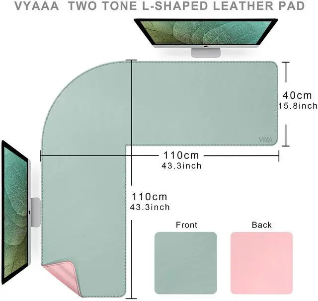 Alt view image 8 of 12 - L-Shaped Leather Desk Pad, Two Tone Gaming Mouse Pad for Corner Desk Mat, Office and Home, 43 x 43 x 15.7 Inch, Pink and Green