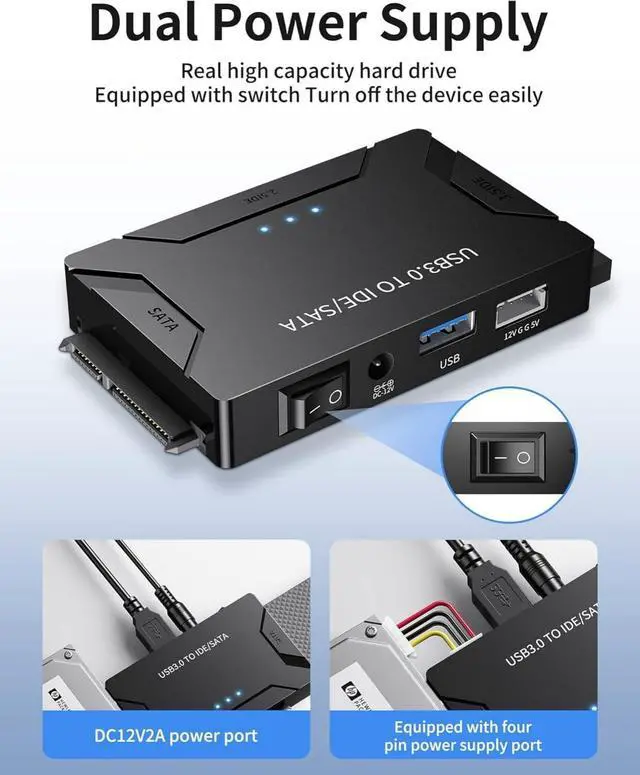 Alt view image 12 of 14 - USB 3.0 to IDE and SATA Adapter, Hard Drive Adapter Cable Universal for 2.5/3.5 inch HDD/SSD Hard Drive Disk, Hard Drive Reader with 12V/2A Power Adapter