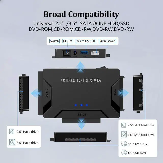 Alt view image 10 of 14 - Hard Drive Reader USB 3.0 & Type C to SATA IDE Adapter, Universal 2.5"/3.5" HDD/SSD Converter, One Touch Backup Function, Included 12V/2A Power Adapter