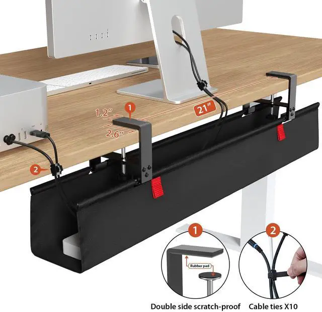 Alt view image 10 of 14 - No Drill Under Desk Cable Management Tray, 36" Cord Organizer for Table, Clamp/Screw Mount Desk Cable Management, Premium Fabric Cable Management Tray for Office, Home