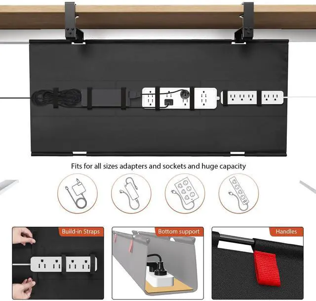 Alt view image 9 of 14 - No Drill Under Desk Cable Management Tray, 36" Cord Organizer for Table, Clamp/Screw Mount Desk Cable Management, Premium Fabric Cable Management Tray for Office, Home