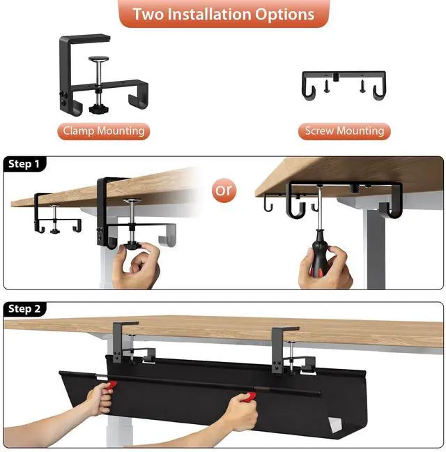 Alt view image 13 of 14 - No Drill Under Desk Cable Management Tray, 36" Cord Organizer for Table, Clamp/Screw Mount Desk Cable Management, Premium Fabric Cable Management Tray for Office, Home