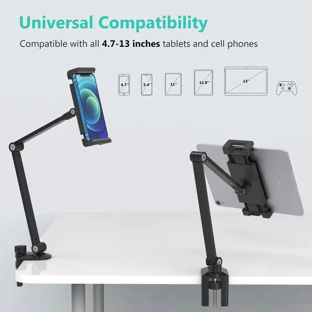 Alt view image 10 of 12 - iPad Desk Mount, Adjustable Tablet Holder Clamp, 360 degree Rotation, Sturdy Aluminum Tablet Arm Mount for 4.7"-13" iPad Pro/Air/Mini, iPhone, Galaxy Tab, for Kitchen, Work, Video Call(Black)