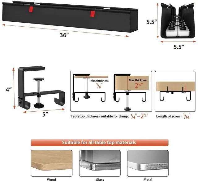 Alt view image 11 of 14 - No Drill Under Desk Cable Management Tray, 36" Cord Organizer for Table, Clamp/Screw Mount Desk Cable Management, Premium Fabric Cable Management Tray for Office, Home