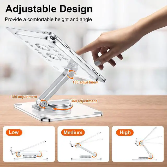 Alt view image 9 of 12 - Acrylic Tablet Stand Holder with 360 Rotating Base, Foldable Adjustable Transparent Tablet Holder for Desk Home Office, Compatible with iPad Pro Air Mini and More, Clear