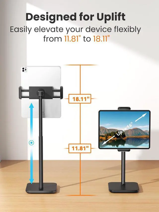 Alt view image 10 of 14 - Tablet Holder Stand, Portable Monitor Stand- 4.4lb (2kg) Holding Strength, Height Adjustable Up to 18.11" Compatible withs iPad, Kindle, Portable Monitor, All 4.7"-16" Devices - Black