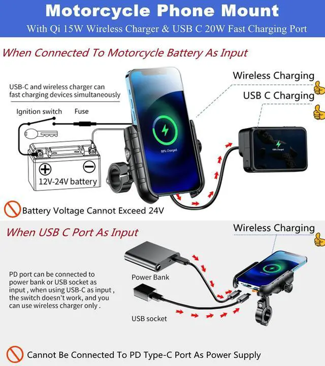 Alt view image 9 of 14 - Motorcycle Phone Mount Holder with Qi 15W Wireless Charger & PD/USB-C 20W Fast Charging Port, Waterproof Cellphone Cradle with Aluminum Alloy Handlebar Mounting Base for 4-8" Smartphone