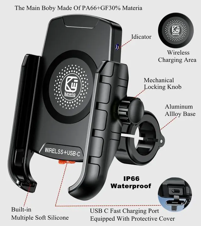 Alt view image 10 of 14 - Motorcycle Phone Mount Holder with Qi 15W Wireless Charger & PD/USB-C 20W Fast Charging Port, Waterproof Cellphone Cradle with Aluminum Alloy Handlebar Mounting Base for 4-8" Smartphone