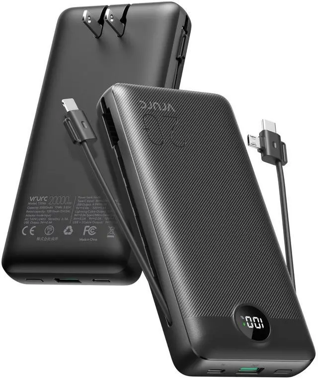Alt view image 8 of 14 - Portable Charger 20000mAh, Fast Charging Power Bank USB C,4 Output 2 Input Travel Essentials Charging Bank Equipped with LED Display,Built-in Wall Plug and Cables,Phone Charger Battery,Black