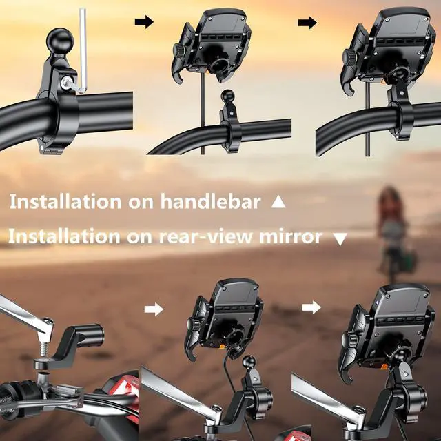 Alt view image 14 of 14 - Motorcycle Phone Mount Holder with Qi 15W Wireless Charger & PD/USB-C 20W Fast Charging Port, Waterproof Cellphone Cradle with Aluminum Alloy Handlebar Mounting Base for 4-8" Smartphone