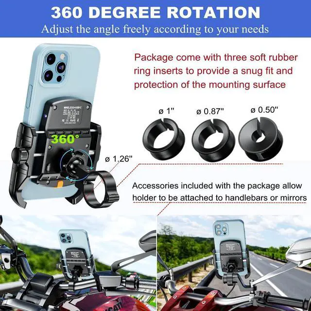 Alt view image 13 of 14 - Motorcycle Phone Mount Holder with Qi 15W Wireless Charger & PD/USB-C 20W Fast Charging Port, Waterproof Cellphone Cradle with Aluminum Alloy Handlebar Mounting Base for 4-8" Smartphone