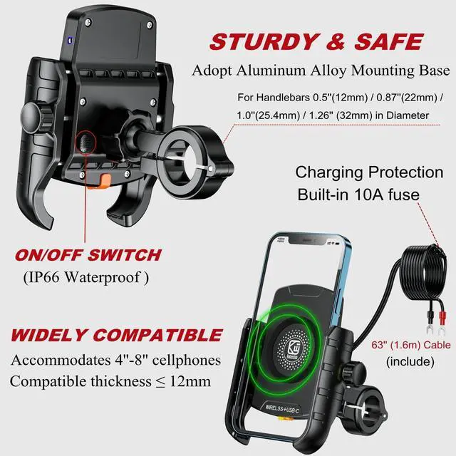 Alt view image 11 of 14 - Motorcycle Phone Mount Holder with Qi 15W Wireless Charger & PD/USB-C 20W Fast Charging Port, Waterproof Cellphone Cradle with Aluminum Alloy Handlebar Mounting Base for 4-8" Smartphone