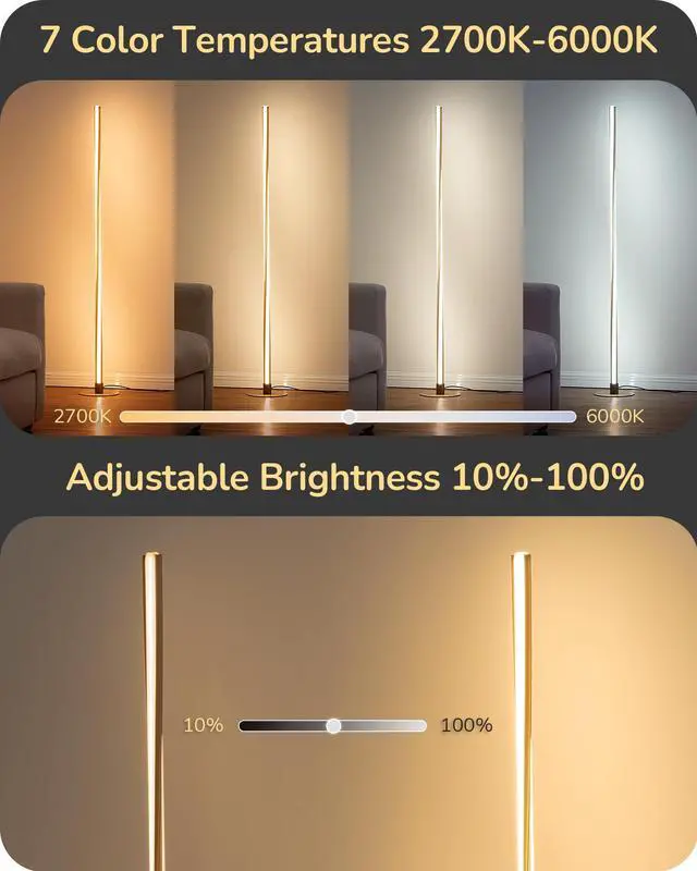 Alt view image 9 of 14 - Helix LED Floor Lamp, 56" Tall Pole Lamps 2700K-6000K Dimmable, Remote Control & Foot Switch, Modern Minimalist Standing Corner Lights for Bedroom, Living Room, Office, Gold