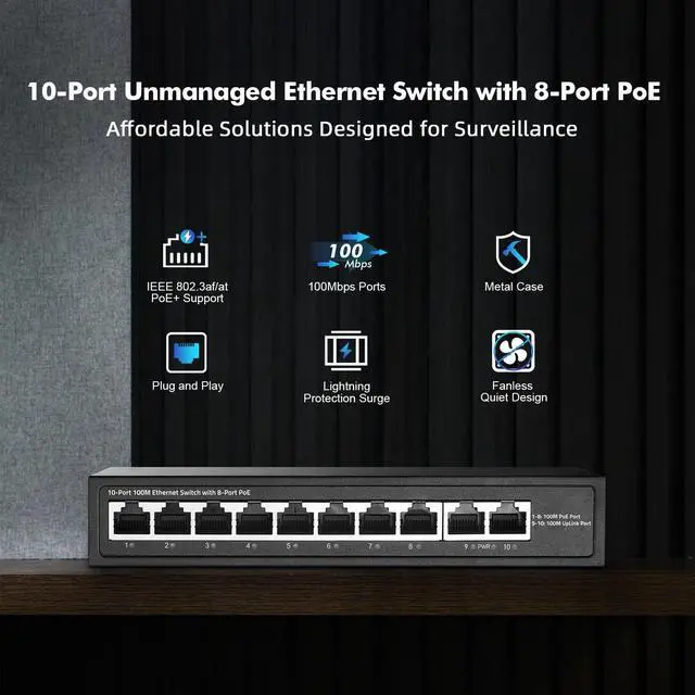 Alt view image 9 of 14 - 10 Port Mini PoE Switch with 8 PoE+, 2 Uplink, 10/100Mbps Ethernet, 120W 802.3af/at PoE, Fanless Metal Plug & Play PoE+ Network Switch