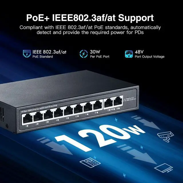 Alt view image 10 of 14 - 10 Port Mini PoE Switch with 8 PoE+, 2 Uplink, 10/100Mbps Ethernet, 120W 802.3af/at PoE, Fanless Metal Plug & Play PoE+ Network Switch