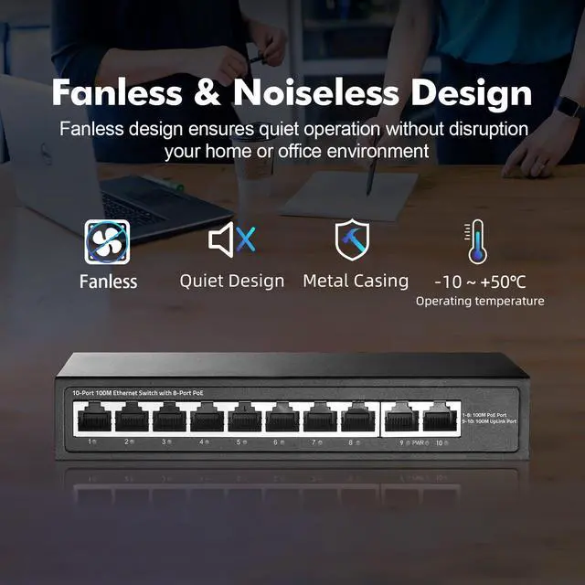 Alt view image 12 of 14 - 10 Port Mini PoE Switch with 8 PoE+, 2 Uplink, 10/100Mbps Ethernet, 120W 802.3af/at PoE, Fanless Metal Plug & Play PoE+ Network Switch