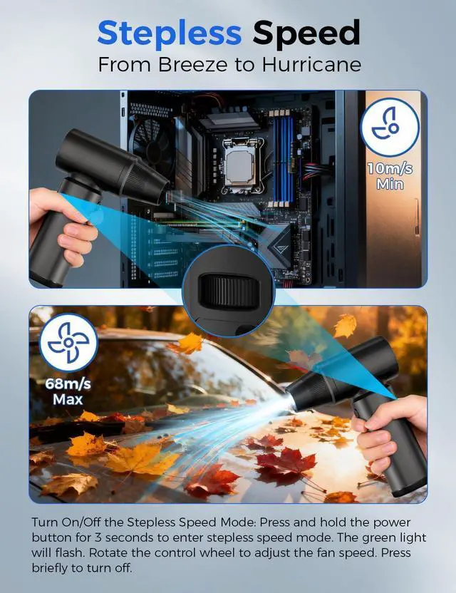 Alt view image 10 of 14 - Compressed Air Duster-180000RPM Electric Air Duster Rechargeable Brushless Motor, Stepless Speed/3-Gear Adjustable Mini Blower Cordless with LED Light, Dust Blower for Computer, House, Outdoor, Car